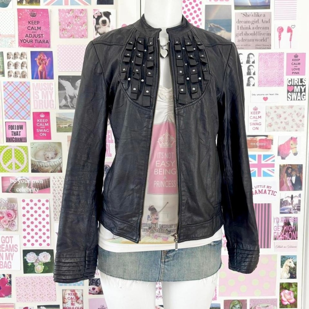 y2k black studded leather moto jacket ruffle detail size XS